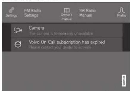 Settings FM Radio Settings Owner's manus FM Radio Manual Potio Camera The camera is temporarily unavailable Volvo On Call subscription has expired Please contact your dealer to activate