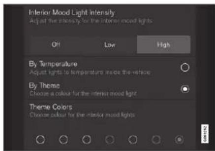 Interior Mood Light Intensity Adjust the intensity for the interior mood lights Off Low High By Temperature Adjust lights to temperature inside the vehicle By Theme Choose a colour for the interior mood light Theme Colors Choose colour for the interior mood lights