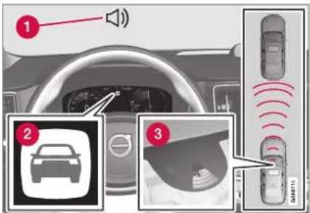 Diagram showing car interior with speaker, sensor, and sensor interface components labeled 1, 2, and 3