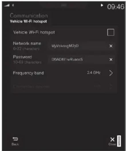 Communication Vehicle Wi-Fi hotspot Vehicle Wi-Fi hotspot Network name 6-32 characters MyVolvmgM2y0 Password 10-69 characters DBAD61wRuacoS Frequency band 2.4 GHz Computers devices Back Close