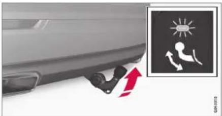 Diagram showing a car's side profile with a red arrow indicating upward motion, alongside a warning sign with light and motion icons.