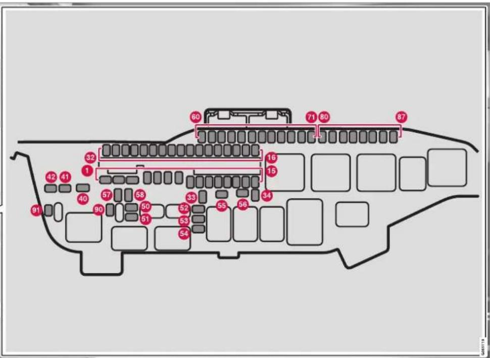 Diagram of a vehicle or parking lot layout with numbered compartments and red markers indicating specific areas or zones.