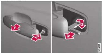 Diagram showing three labeled parts of a car door handle, with arrows indicating direction of movement or assembly.