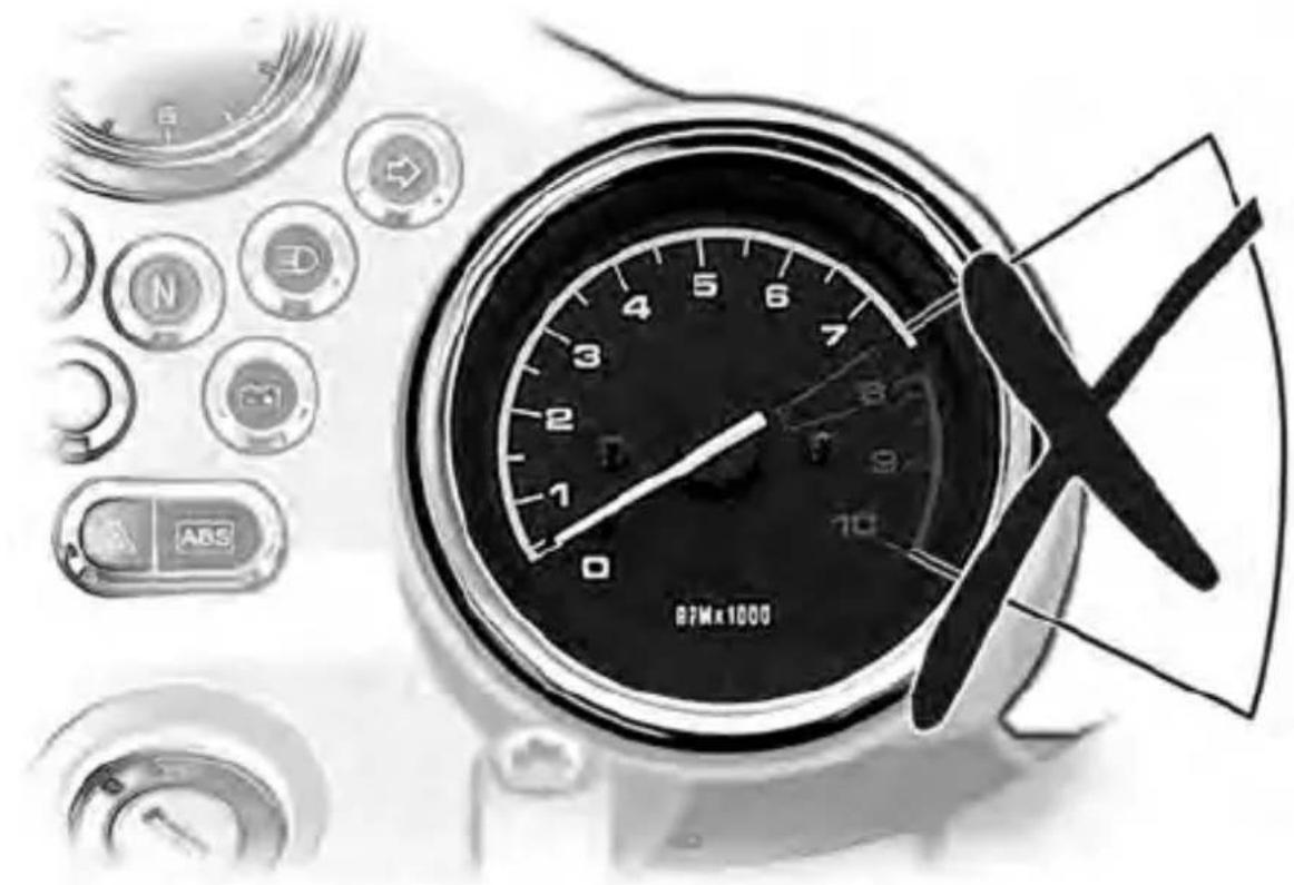 Black-and-white illustration of a speedometer with a pointer and a cross symbol, surrounded by control buttons (no readable text or symbols)