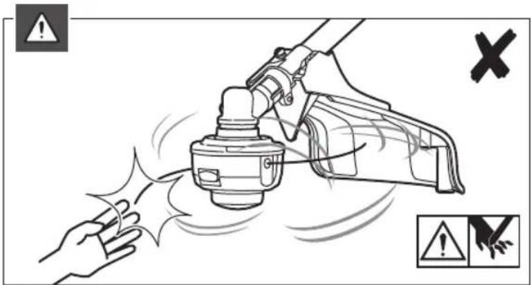 Diagram illustrating a hand using a power tool to clean or mark safety, with warning symbols and warning icons.