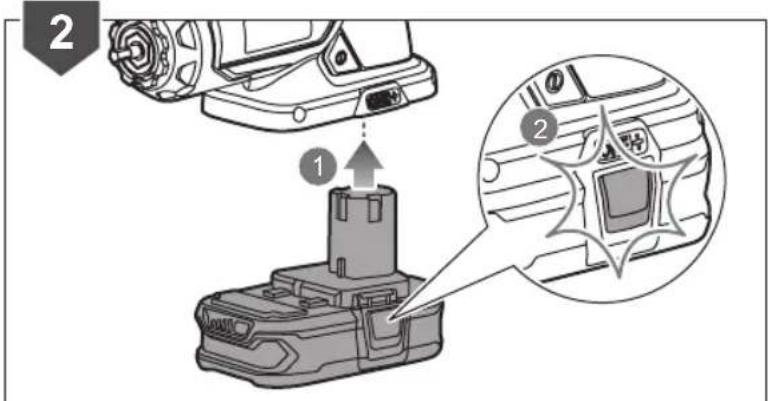 Diagram showing a battery pack being inserted into a device, with labeled parts and magnified detail view.