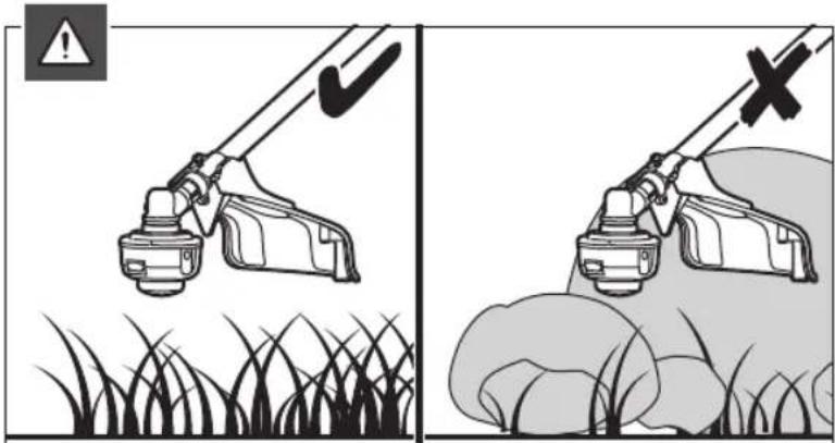 Safety warning illustration showing a spray gun spraying grass and a hand holding a bag with a cross symbol indicating hazard.