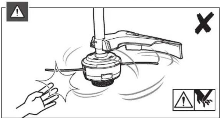 Diagram illustrating a hand operating a mechanical device with warning symbols and warning labels