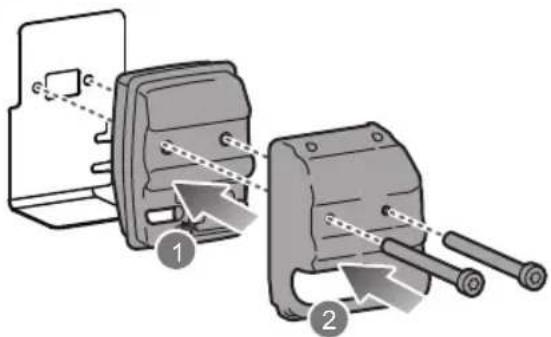 Diagram showing two mechanical components with labeled parts and directional arrows indicating motion or assembly.