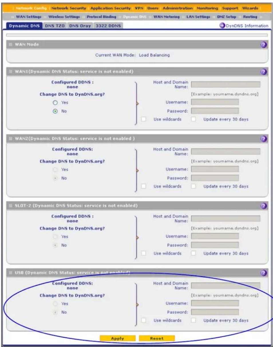 Network Config Network Security Application Security VPN Users Administration Monitoring Support Wizards WAN Settings Wireless Settings Protocol Binding Dynamic DNS WAN Metering LAN Settings DMZ Setup Routing Dynamic DNS DNS T20 DNS Gray 3322 DDNS DynDNS Information WAN Mode Current WAN Mode: Load Balancing WAN1(Dynamic DNS Status: service is not enabled) Configured DDNS : none Change DNS to DynDNS.org? Yes No Host and Domain Name: [Example: youname.dyndns.org] Username: Password: Use wildcards Update every 30 days WAN2(Dynamic DNS Status: service is not enabled) Configured DDNS : none Change DNS to DynDNS.org? Yes No Host and Domain Name: [Example: youname.dyndns.org] Username: Password: Use wildcards Update every 30 days SLOT-2 (Dynamic DNS Status: service is not enabled) Configured DDNS : none Change DNS to DynDNS.org? Yes No Host and Domain Name: [Example: youname.dyndns.org] Username: Password: Use wildcards Update every 30 days USB (Dynamic DNS Status: service is not enabled) Configured DDNS : none Change DNS to DynDNS.org? Yes No Host and Domain Name: [Example: youname.dyndns.org] Username: Password: Use wildcards Update every 30 days Apply Reset