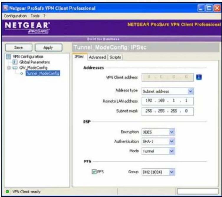 Netgear ProSafe VPN Client Professional Configuration Tools ? NETGEAR PROSAFE VPN Client Professional PROSAFE Built for Business Save Apply VPN Configuration Global Parameters GW_ModeConfig Tunnel_ModeConfig Tunnel_ModeConfig: IPSec IPSec Advanced Scripts Addresses VPN Client address 0 0 0 0 Address type Subnet address Remote LAN address 192 168 1 1 Subnet mask 255 255 255 0 ESP Encryption 3DE5 Authentication SHA-1 Mode Tunnel PFS PFS Group DH2 (1024) VPN Client ready