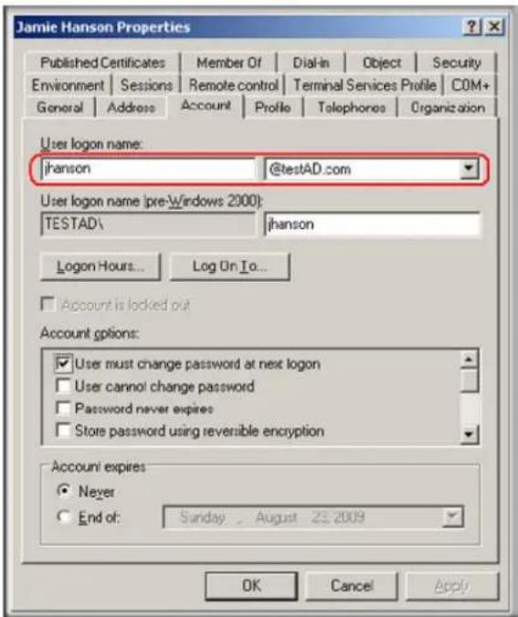 Jamie Hanson Properties Published Certificates Member Of Dial-in(Object Security Environment Sessions Remote control Terminal Services Profile COM+ General Address Account Profile Telophones Organization User logon name: jhanson @testAD.com User logon name (pre-Windows 2000): TESTAD\jhanson Logon Hours... Log On To... Account is locked out Account options: User must change password at next logon User cannot change password Password never expires Store password using reversible encryption Account expires Never End of: Sunday-August-23-2009 OK Cancel Apply