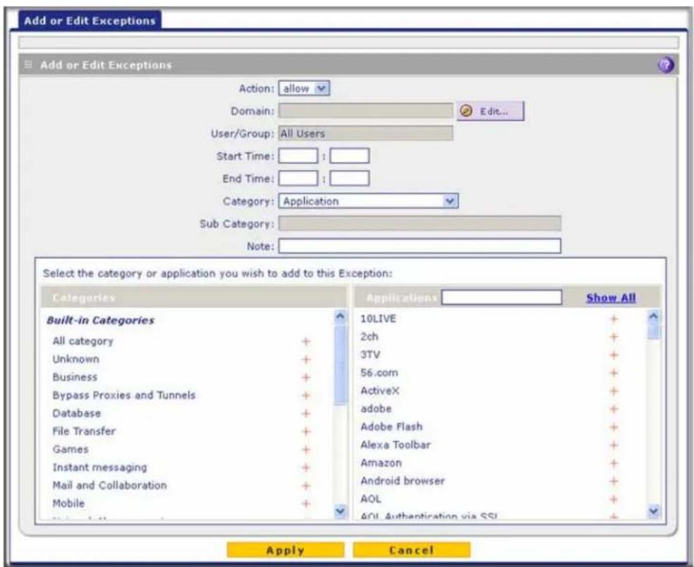 Add or Edit Exceptions Add or Edit Exceptions Action: allow Domain: Edit... User/Group: All Users Start Time: End Time: Category: Application Sub Category: Note: Select the category or application you wish to add to this Exception: Categories Built-in Categories All category + Unknown + Business + Bypass Proxies and Tunnels + Database + File Transfer + Games + Instant messaging + Mail and Collaboration + Mobile + Applications Show All 10LIVE + 2ch + 3TV + 56.com + ActiveX + adobe + Adobe Flash + Alexa Toolbar + Amazon + Android browser + AOL + AOL Authentication via SSL Apply Cancel