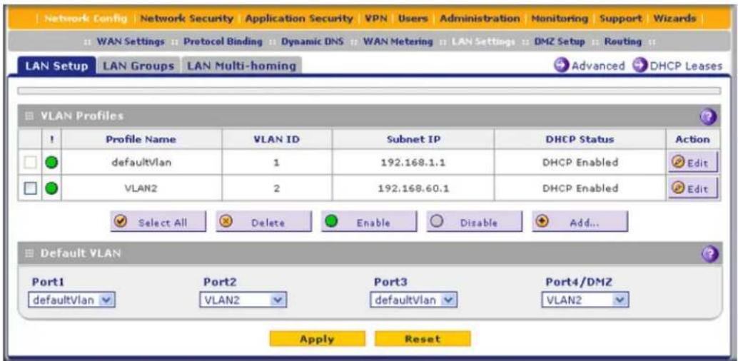 Network Config Network Security Application Security VPN Users Administration Monitoring Support Wizards WAN Settings Protocol Binding Dynamic DNS WAN Metering LAN Settings DMZ Setup Routing LAN Setup LAN Groups LAN Multi-homing Advanced DHCP Leases VLAN Profiles ! Profile Name VLAN ID Subnet IP DHCP Status Action defaultVlan 1 192.168.1.1 DHCP Enabled Edit VLAN2 2 192.168.60.1 DHCP Enabled Edit Select All Delete Enable Disable Add... Default VLAN Port1 Port2 Port3 Port4/DMZ defaultVlan VLAN2 defaultVlan VLAN2 Apply Reset