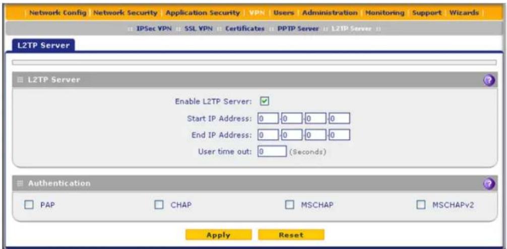 Network Config Network Security Application Security VPN Users Administration Monitoring Support Wizards IPSec VPN SSL VPN Certificates PPTP Server L2TP Server L2TP Server Enable L2TP Server: Start IP Address: 0 0 0 0 End IP Address: 0 0 0 0 User time out: 0 (Seconds) Authentication PAP CHAP MSCHAP MSCHAPv2 Apply Reset