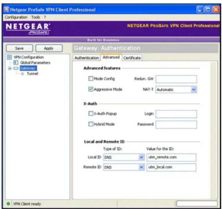 Netgear ProSafe VPN Client Professional Configuration Tools ? NETGEAR PROSAFE VPN Client Professional NETGEAR PROSAFE VPN Client Professional Built for Business Save Apply Gateway: Authentication Authentication Advanced Certificate Advanced features Mode Config Redun. GW Aggressive Mode NAT-T Automatic X-Auth X-Auth Popup Xi Auth Hybrid Mode Login Password Local and Remote ID Type of ID: Value for the ID: Local ID DNS utm_remote.com Remote ID DNS utm_local.com VPN Client ready