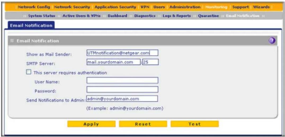 Network Config Network Security Application Security VPN Users Administration Monitoring Support Wizards System Status Active Users & VPNs Dashboard Diagnostics Logs & Reports Quarantine Email Notification Email Notification Show as Mail Sender: UTMnotification@netgear.com SMTP Server: mail.yourdomain.com :25 This server requires authentication User Name: Password: Send Notifications to Admin: admin@yourdomain.com (Example: admin@yourdomain.com) Apply Reset Test
