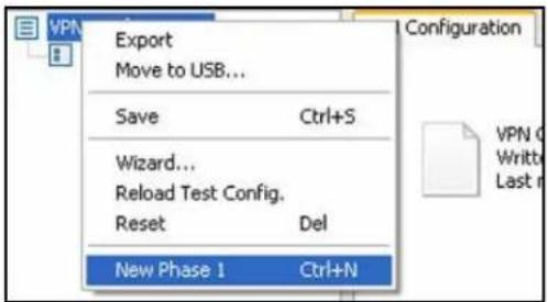 Export Move to USB... Save Ctrl+S Wizard... Reload Test Config. Reset Del New Phase 1 Ctrl+N Configuration VPN Written Last m