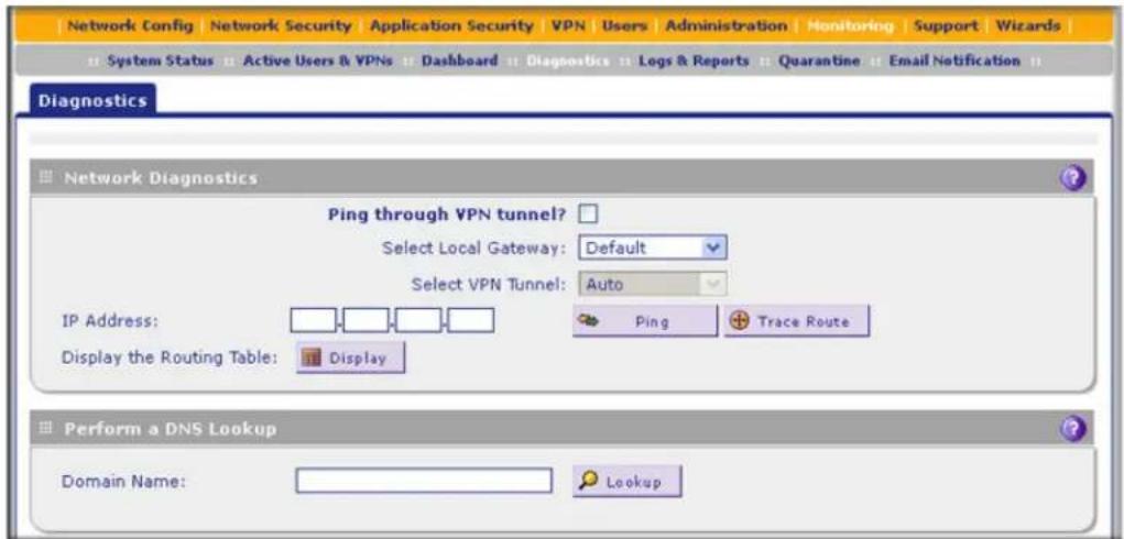 Network Config Network Security Application Security VPN Users Administration Monitoring Support Wizards System Status Active Users & VPNs Dashboard Diagnostics Logs & Reports Quarantine Email Notification Diagnostics Network Diagnostics Ping through VPN tunnel? Select Local Gateway: Default Select VPN Tunnel: Auto IP Address: Display the Routing Table: Display Ping Trace Route Perform a DNS Lookup Domain Name: Lookup