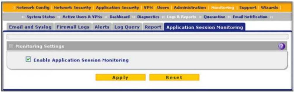 Network Config | Network Security | Application Security | VPN | Users | Administration | Monitoring | Support | Wizards | System Status | Active Users & VPNs | Dashboard | Diagnostics | Logs & Reports | Quarantine | Email Notification | Email and Syslog | Firewall Logs | Alerts | Log Query | Report | Application Session Monitoring Monitoring Settings Enable Application Session Monitoring Apply Reset