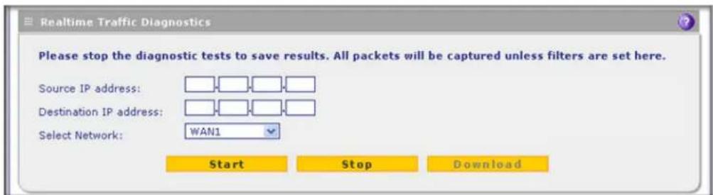 Realtime Traffic Diagnostics Please stop the diagnostic tests to save results. All packets will be captured unless filters are set here. Source IP address: Destination IP address: Select Network: WAN1 Start Stop Download