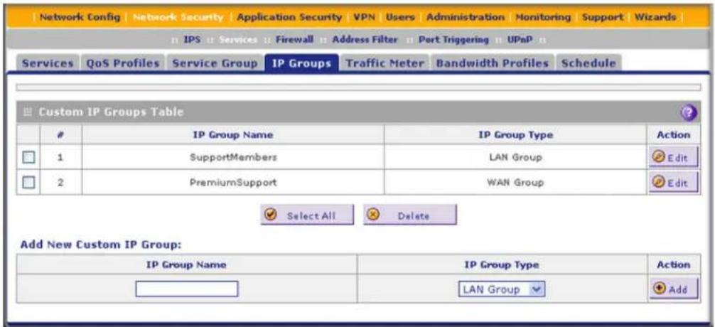 Network Config | Network Security | Application Security | VPN | Users | Administration | Monitoring | Support | Wizards | IPS : Services : Firewall : Address Filter : Port Triggering : UPnP : Services QoS Profiles Service Group IP Groups Traffic Meter Bandwidth Profiles Schedule Custom IP Groups Table IP Group Name IP Group Type Action 1 SupportMembers LAN Group Edit 2 PremiumSupport WAN Group Edit Select All Delete Add New Custom IP Group: IP Group Name IP Group Type Action LAN Group Add