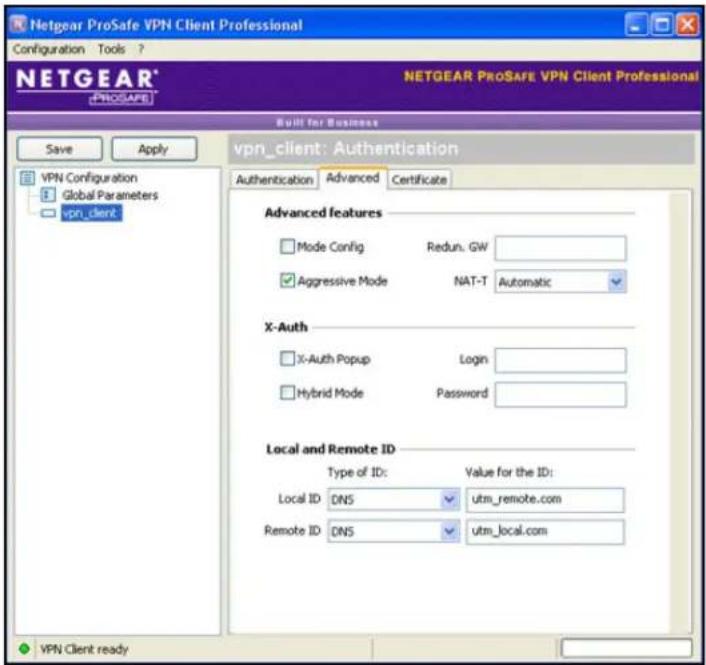 Netgear ProSafe VPN Client Professional Configuration Tools ? NETGEAR PROSAFE VPN Client Professional Build for Business Save Apply VPN Configuration Global Parameters vpn_client vpn_client: Authentication Authentication Advanced Certificate Advanced features Mode Config Redun. GW Aggressive Mode NAT-T Automatic X-Auth X-Auth Popup Login Hybrid Mode Password Local and Remote ID Type of ID: Value for the ID: Local ID DNS utm_remote.com Remote ID DNS utm_local.com VPN Client ready