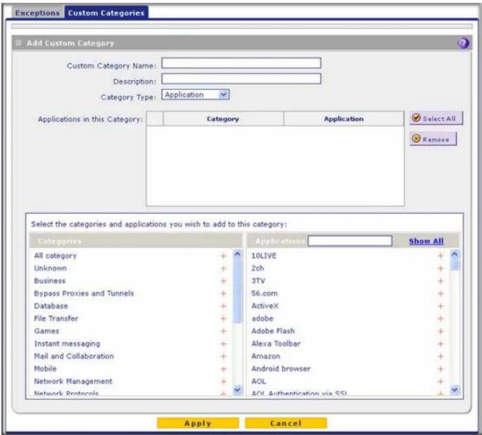 Exceptions Custom Categories Add Custom Category Custom Category Name: Description: Category Type: Application Applications in this Category: Category Application Select All Remove Select the categories and applications you wish to add to this category: Categories All category + Unknown + Business + Bypass Proxies and Tunnels + Database + File Transfer + Games + Instant messaging + Mail and Collaboration + Mobile + Network Management + Network Protocols + Applications Show All 10LIVE + 2ch + 3TV + 56.com + ActiveX + adobe + Adobe Flash + Alexa Toolbar + Amazon + Android browser + AOL + AOL Authentication via SSL + Apply Cancel