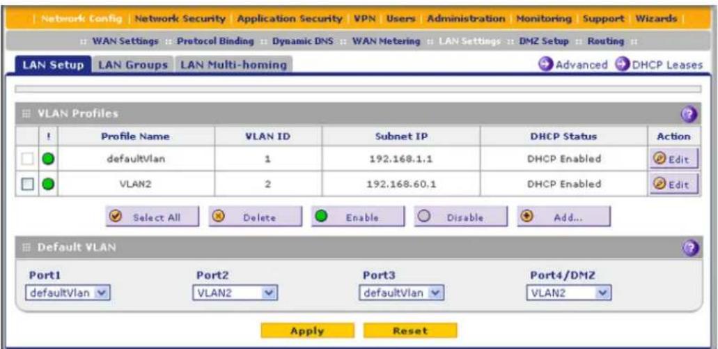 Network Config Network Security Application Security VPN Users Administration Monitoring Support Wizards WAN Settings Protocol Binding Dynamic DNS WAN Metering LAN Settings DMZ Setup Routing LAN Setup LAN Groups LAN Multi-homing Advanced DHCP Leases VLAN Profiles ! Profile Name VLAN ID Subnet IP DHCP Status Action defaultVlan 1 192.168.1.1 DHCP Enabled Edit VLAN2 2 192.168.60.1 DHCP Enabled Edit Select All Delete Enable Disable Add... Default VLAN Port1 Port2 Port3 Port4/DM2 defaultVlan VLAN2 defaultVlan VLAN2 Apply Reset