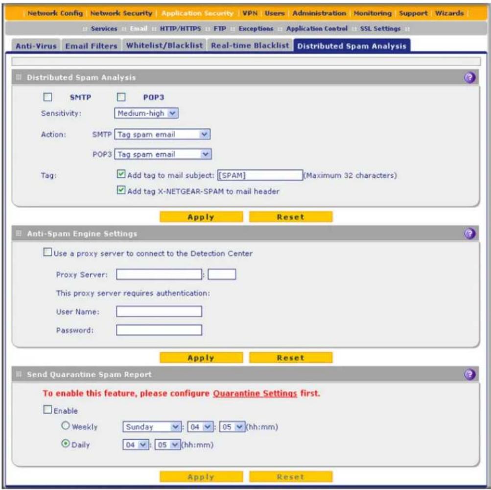 Network Config | Network Security | Application Security | VPN | Users | Administration | Monitoring | Support | Wizards | Services Email HTTP/HTTPS FTP Exceptions Application Control SSL Settings Anti-Virus Email Filters Whitelist/Blacklist Real-time Blacklist Distributed Spam Analysis Distributed Spam Analysis SMTP POP3 Sensitivity: Medium-high Action: SMTP Tag spam email POP3 Tag spam email Tag: Add tag to mail subject: [SPAM] (Maximum 32 characters) Add tag X-NETGEAR-SPAM to mail header Apply Reset Anti-Spam Engine Settings Use a proxy server to connect to the Detection Center Proxy Server: This proxy server requires authentication: User Name: Password: Apply Reset Send Quarantine Spam Report To enable this feature, please configure Quarantine Settings first. Enable Weekly Sunday 04 05 (hh:mm) Daily 04 05 (hh:mm) Apply Reset