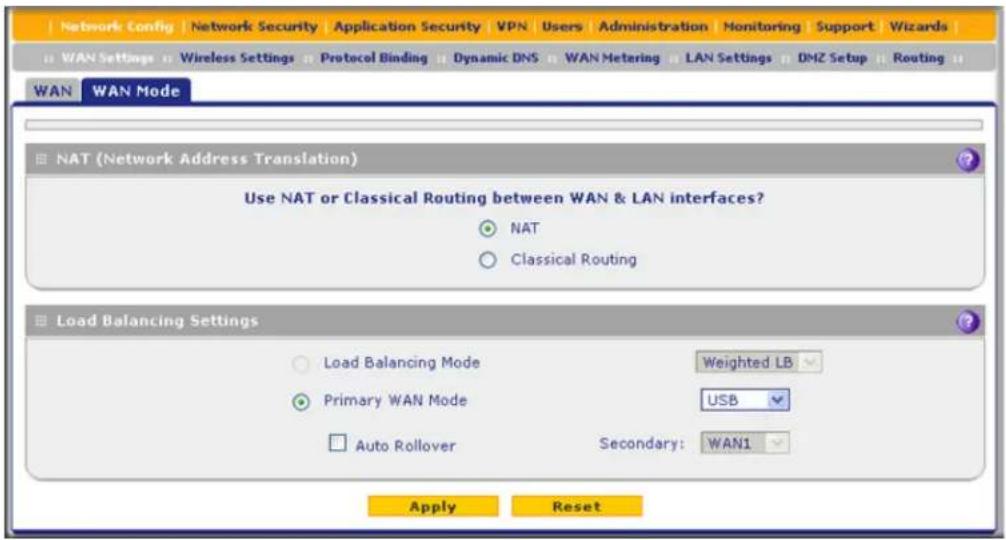 Network Config | Network Security | Application Security | VPN | Users | Administration | Monitoring | Support | Wizards | WAN Settings | Wireless Settings | Protocol Binding | Dynamic DNS | WAN Metering | LAN Settings | DMZ Setup | Routing | WAN WAN Mode NAT (Network Address Translation) Use NAT or Classical Routing between WAN & LAN interfaces? ● NAT ○ Classical Routing Load Balancing Settings ○ Load Balancing Mode Weighted LB ● Primary WAN Mode USB □ Auto Rollover Secondary: WAN1 Apply Reset