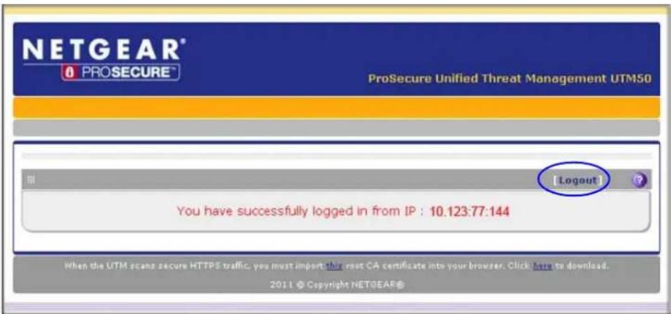 NETGEAR® PROSECURE™ ProSecure Unified Threat Management UTM50 You have successfully logged in from IP : 10.123:77:144 Logout When the UTM scans secure HTTPS traffic, you must import this root CA certificate into your browser. Click here to download. 2011 © Copyright NETGEAR©