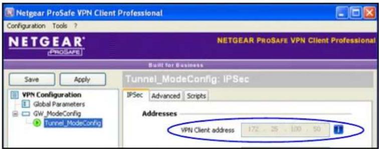Netgear ProSafe VPN Client Professional Configuration Tools ? NETGEAR PROSAFE VPN Client Professional NETGEAR PROSAFE VPN Client Professional Built for Business Save Apply VPN Configuration Global Parameters GW_ModeConfig Tunnel_ModeConfig Tunnel_ModeConfig: IPSec IPSec Advanced Scripts Addresses VPN Client address 172 25 100 50 1
