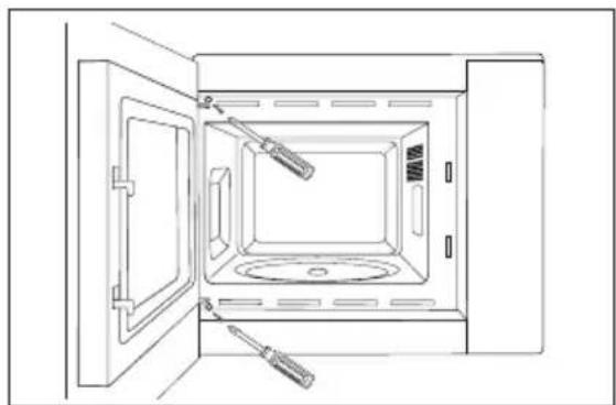 Line drawing of an open microwave oven with screwdriver and lid (no text or symbols)