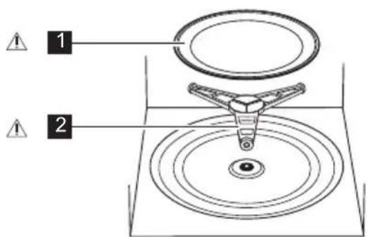 Diagram of a mechanical device with labeled parts and warning symbols