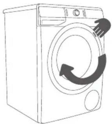 Line drawing of a washing machine with a circular arrow indicating clockwise motion.