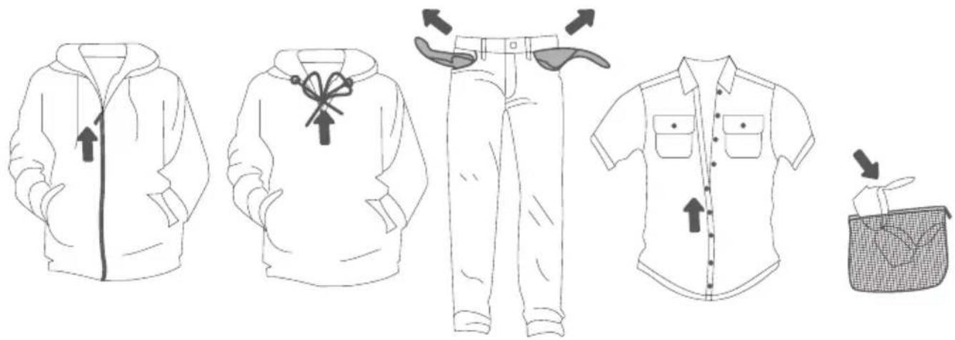 Illustration of a men's jacket and pants with different clothing designs, showing front, side, and back views.