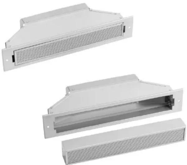 Vue extérieure de deux coffrets industriels métalliques avec surfaces perforées et supports de montage (aucun texte ni symbole visible)