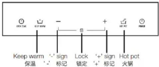 CLOCK TUG KEEP INSUR - + HOT POT POWER Keep warm 保温 '-' sign 标记 Lock 锁定 '+' sign '+' 标记 Hot pot 火锅