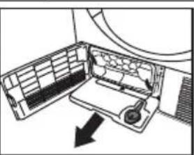 Diagram of a mechanical device with internal components and an arrow indicating direction.