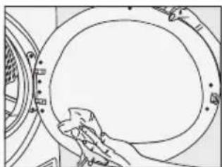 Line drawing of a hand cleaning a circular object with a brush (no text or symbols)