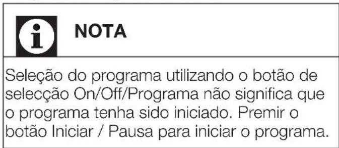 NOTA Seleção do programa utilizando o botão de seleção On/Off/Programa não significa que o programa tenha sido iniciado. Premir o botão Iniciar / Pausa para iniciar o programa.