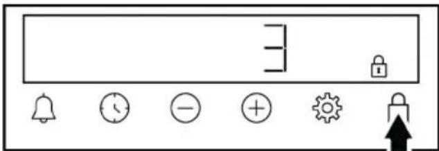 Control panel interface with icons for bell, clock, minus, plus, gear, lock, and upward arrow