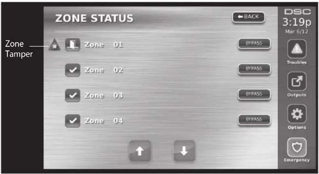 ZONE STATUS Zone Tamper Zone 01 BYPASS Zone 02 BYPASS Zone 03 BYPASS Zone 04 BYPASS DSC 3:19p Mar 6/12 Troubles Outputs Options Emergency