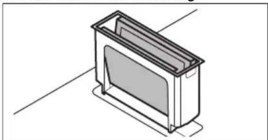 Isometric line drawing of a rectangular device with a flat top and side panels, placed on a plain floor (no text or symbols).