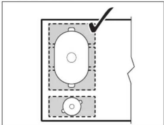 Top-down diagram of a room layout with a central oval object and two smaller circular objects, no text or symbols present.