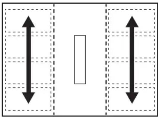 Two vertical arrows pointing up and down within dashed rectangular grids, separated by a solid rectangle (no text or symbols).