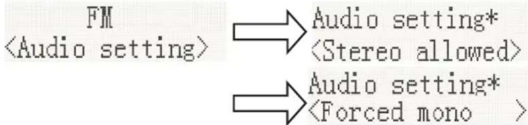 graph LR A["FM<br><Audio setting>"] --> B["Audio setting* <br><Stereo allowed>"] A --> C["Audio setting* <br><Forced mono >"]