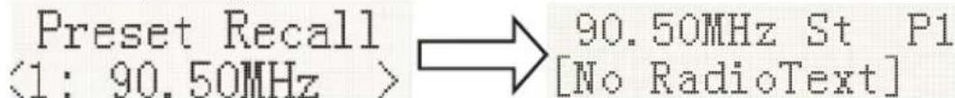 Richiamo preset <1: 90.50MHz > → 90.50MHz St P1 [Nessun RadioText]