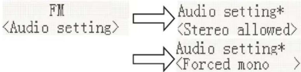graph LR A["FM\n<Audio setting>"] --> B["Audio setting*\n<Stereo allowed>"] A --> C["Audio setting*\n<Forced mono >"]
